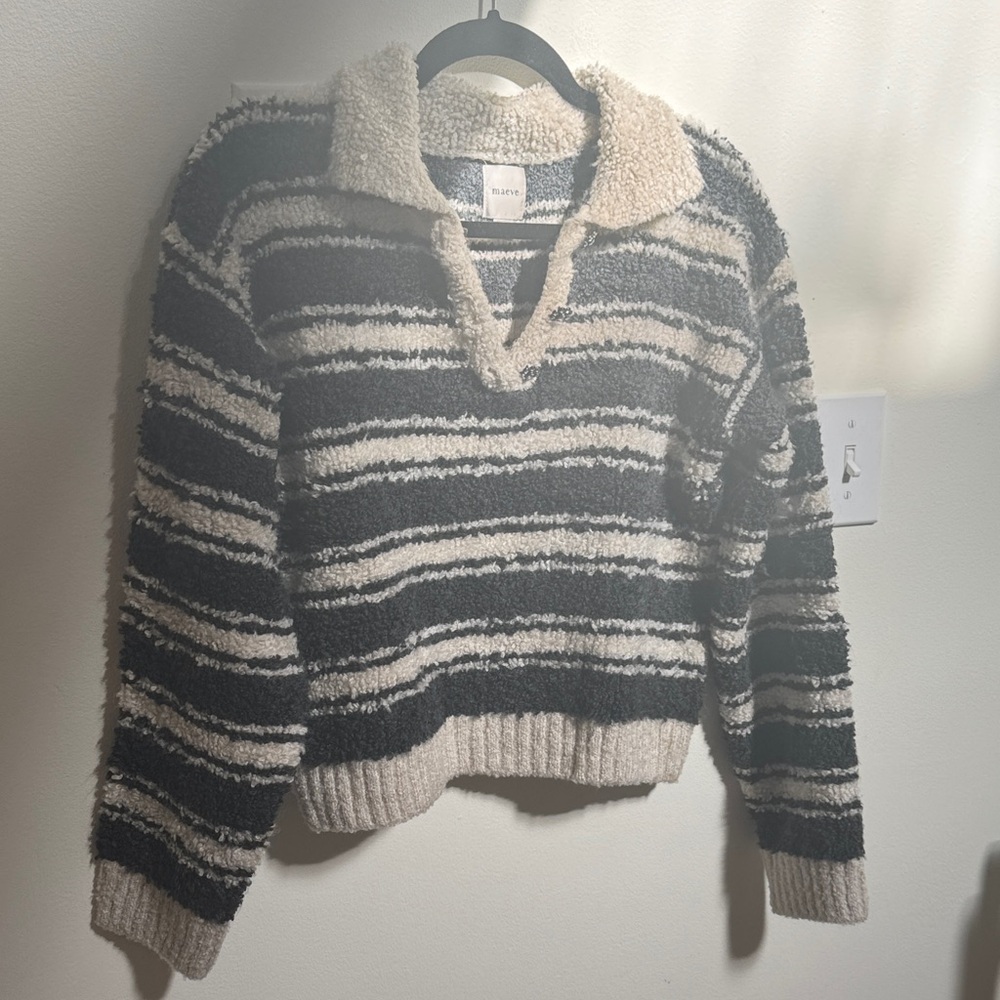 Maeve Dark Gray and Cream Striped V-Neck Sweater